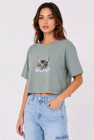 Kedi Baskılı Oversize Crop Tişört Salaş Basic Yarım Kol T-shirt - Mint Yeşili