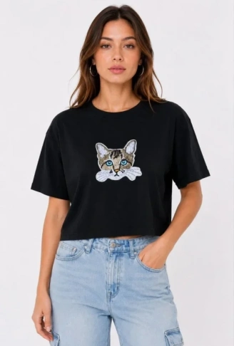 Kedi Baskılı Oversize Crop Tişört Salaş Basic Yarım Kol T-shirt - Siyah