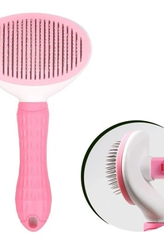 Kedi Köpek Tüy Toplayıcı Kendini Temizleyebilen Ergonomik Saplı Evcil Hayvan Tarağı Pembe (4940)