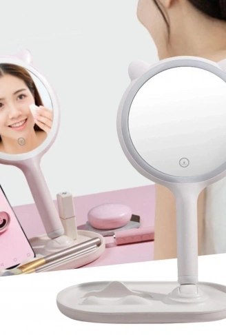 Kedi Kulaklı Telefon Standlı Yuvarlak Dokunmatik Led Ayarlı Masa Üstü Makyaj Aynası (4940)