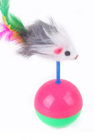 Kedi Oyun Topu Tüylü Fareli Hacı Yatmaz Eğitici Yavru Kedi Fare Kovalama Oyuncağı (4940)