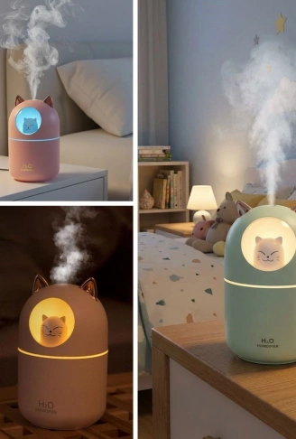 Kedicik Figürlü Hava Nemlendirici – Ultrasonik Soğuk Buhar Makinesi, LED Işıklı Masaüstü Oda Nemlendirici (4940)