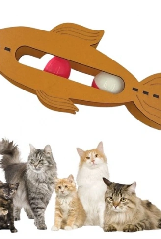 Kediler İçin Ahşap 2 Toplu Eğimli  Sevimli Balık Şeklinde Eğitim Amaçlı Oyuncak (4940)