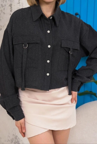 Kemer cepli keten crop gömlek siyah s255350