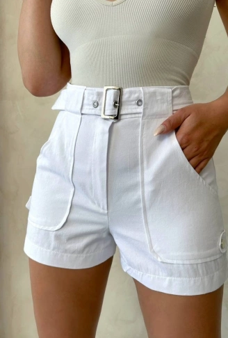 Kemer detaylı gabardin şort beyaz s25289