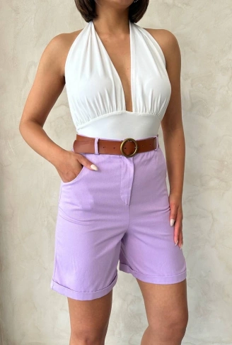 Kemerli gabardin şort lila s25735