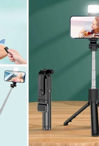 Kendiliğinden Işıklı Masaüstü Tripod Olabilen Telefon Tutuculu Kablosuz Kumandalı Selfie Çubuğu (4940)