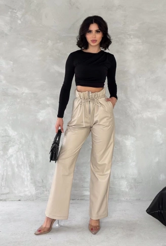 Kendinden ince kemerli deri pantolon bej t1178