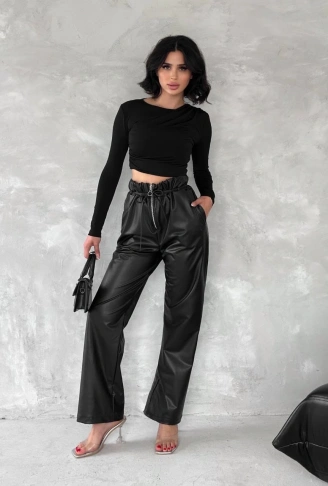 Kendinden ince kemerli deri pantolon siyah t1178