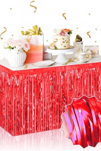 Kendinden Yapışkanlı Kırmızı Metalize Püsküllü Masa Eteği – 75 x 275 cm Parti Süslemesi (4940)