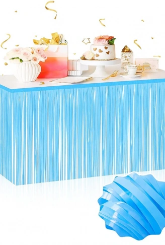 Kendinden Yapışkanlı Makaron Mavi Püsküllü Masa Eteği – 75 x 275 cm Parti Süslemesi (4940)