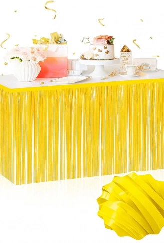 Kendinden Yapışkanlı Makaron Sarı Püsküllü Masa Eteği – 75 x 275 cm Parti Süslemesi (4940)