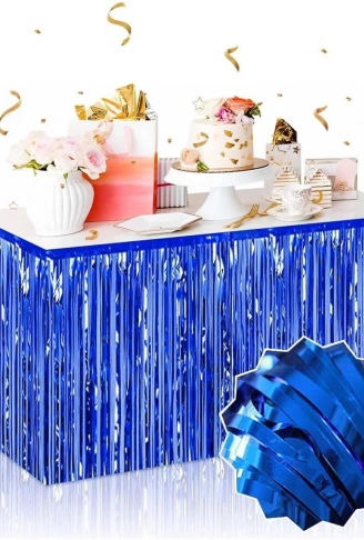 Kendinden Yapışkanlı Mavi Metalize Püsküllü Masa Eteği – 75 x 275 cm Parti Süslemesi (4940)