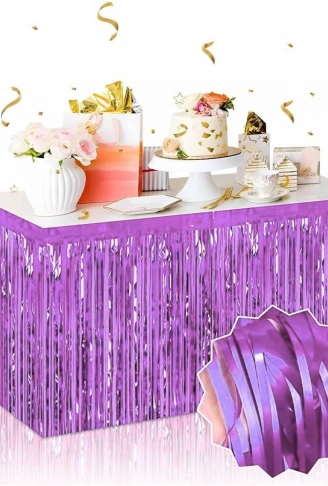 Kendinden Yapışkanlı Mor Metalize Püsküllü Masa Eteği – 75 x 275 cm Parti Süslemesi (4940)