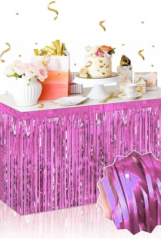 Kendinden Yapışkanlı Pembe Metalize Püsküllü Masa Eteği – 75 x 275 cm Parti Süslemesi (4940)