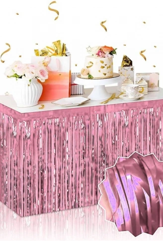Kendinden Yapışkanlı Rose Gold Metalize Püsküllü Masa Eteği – 75 x 275 cm Parti Süslemesi (4940)
