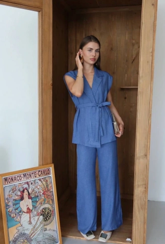 Keten yelek pantolon takım indigo pt