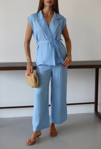 Keten yelek pantolon takım mavi pt