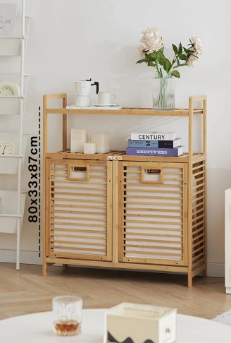 KİRLİ 2 KAT ORGANİZER RAFLI - 2 BÖLMELİ ÖNDEN ÇEK AÇ KALIN AHŞAP BAMBU KİRLİ ÇAMAŞIR SEPETİ 80X33X87CM (4940)