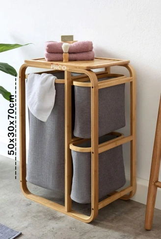 KİRLİ ÇAMAŞIR SEPETİ AHŞAP - BAMBU 3 ORGANİZER BÖLMELİ KUMAŞ ÇANTALI 50X30X70CM (4940)