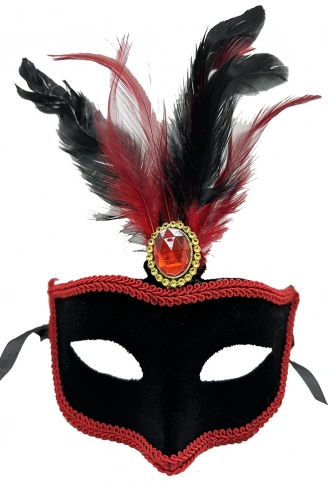 Kırmızı Dantelli Siyah Kırmızı Tüylü Siyah Süet Kaplama Parti Maskesi 17x25 cm (4940)