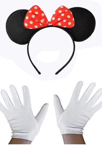 Kırmızı Fiyonklu Minnie Mouse Tacı ve Beyaz Eldiven Seti (4940)