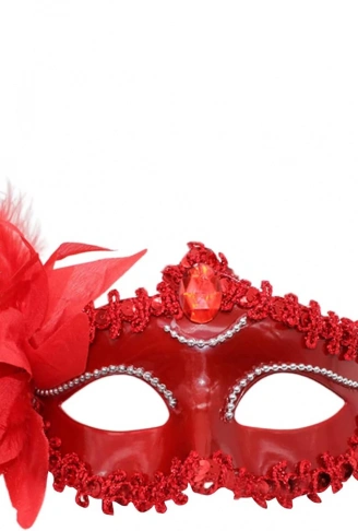 Kırmızı Mat Renk Yandan Tüylü Güllü Parti Balo Venedik Maskesi 16x22 (4940)