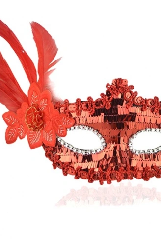 Kırmızı Payetli Pullu Kırmızı Renk Yandan Tüylü Parti Maskesi 18x22 cm (4940)