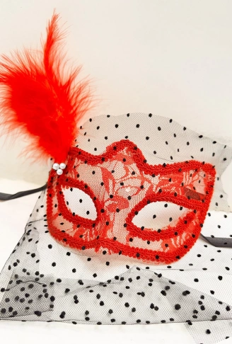 Kırmızı Renk Dantelli Duvaklı İncili Parti Maskesi Balo (4940)