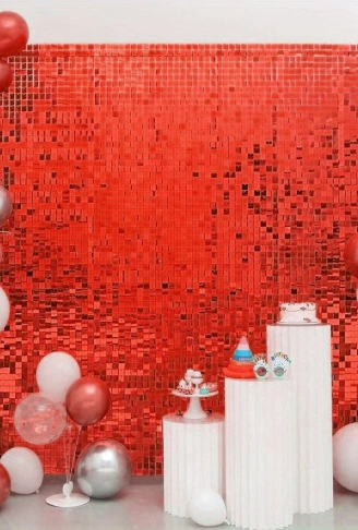 Kırmızı Renk Dikdörtgen Kesim Parlak Sim Görünümlü Fon Perde Dekor 1x2 Metre (4940)