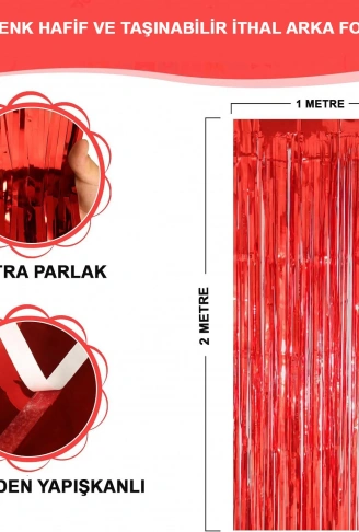 Kırmızı Renk Ekstra Metalize Parlak Saçaklı Arka Fon Perde İthal A Kalite 1x2 Metre (4940)