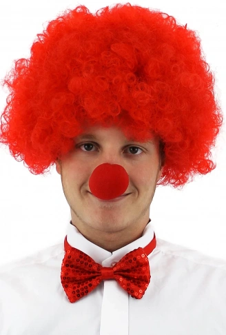 Kırmızı Renk Kıvırcık Afro Bonus Peruk Takma Saç ve Kırmızı Burun Seti (4940)