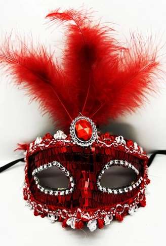 Kırmızı Renk Payetli Pullu Tüylü Parti Maskesi 17x20 cm (4940)