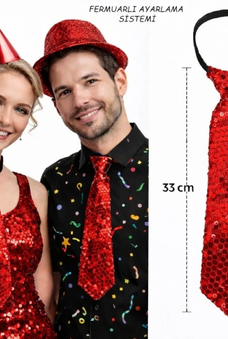 Kırmızı Renk Pul Payetli Işıltılı Parti Kravatı 33 cm (4940)
