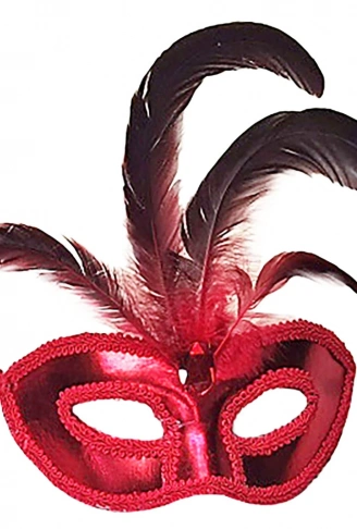 Kırmızı Renk Rugan Kaplama Kırmızı Tüylü Parti Maskesi 18x20 cm (4940)