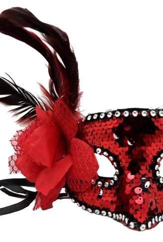 Kırmızı Renk Yandan Tüylü Güllü Gümüş Taşlı Pullu Maske 20x22 cm (4940)