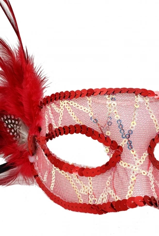 Kırmızı Renk Yandan Tüylü Pul Payet İşlemeli Parti Maskesi 23x12 cm (4940)