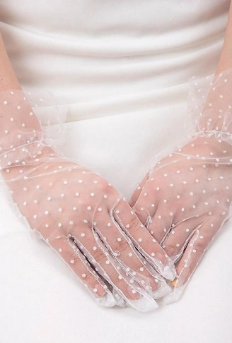 Kısa Boy Güpürlü Beyaz Puantiyeli Tül Eldiven Beyaz Renk (4940)