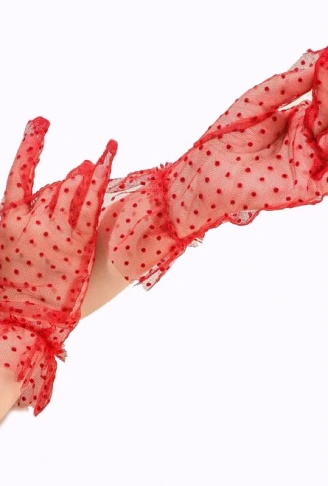 Kısa Boy Güpürlü Kırmızı Puantiyeli Tül Eldiven Kırmızı Renk (4940)