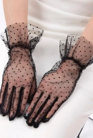Kısa Boy Güpürlü Siyah Puantiyeli Tül Eldiven Siyah Renk (4940)