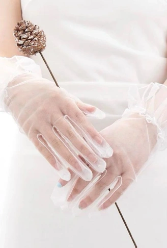 Kısa Boy Likralı Güpürlü Yetişkin Tül Eldiven Beyaz Renk (4940)