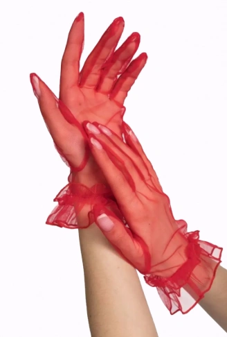 Kısa Boy Likralı Güpürlü Yetişkin Tül Eldiven Kırmızı Renk (4940)