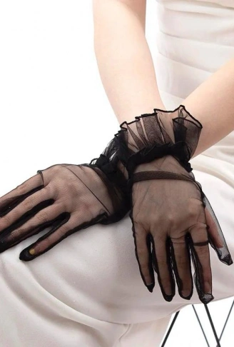 Kısa Boy Likralı Güpürlü Yetişkin Tül Eldiven Siyah Renk (4940)