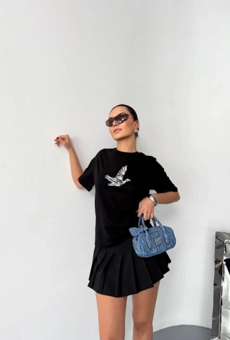 Kısa Kol Baskılı T-shirt - Siyah