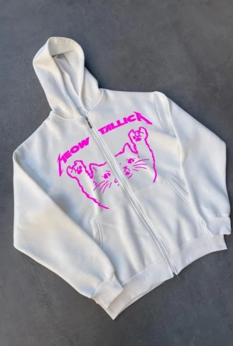 Kışlık Baskılı Fermuarlı Kapüşonlu Hırka - Beyaz