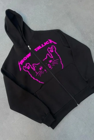 Kışlık Baskılı Fermuarlı Kapüşonlu Hırka - Siyah