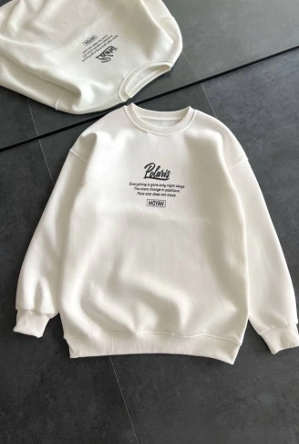 Kışlık Bisiklet Yaka Ön Ve Arka Baskılı SweatShirt - Beyaz