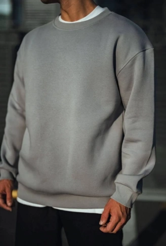 Kışlık Bisiklet Yaka Üç İplik Basic SweatShirt - Boyalı Gri