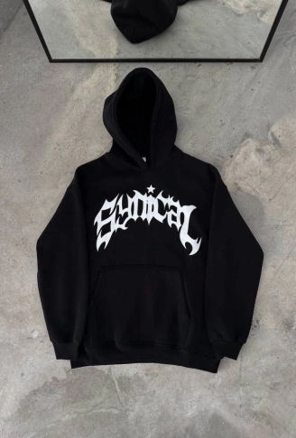 Kışlık Kapşonlu Baskılı Oversize SweatShirt- Siyah