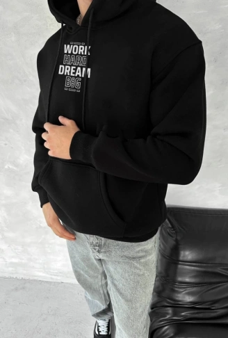 Kışlık Üç İplik Kapşonlu SweatShirt - Siyah